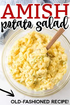 the recipe for amish potato salad in a glass bowl