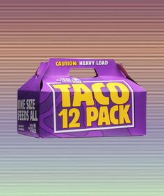 a box of taco 12 pack sitting on top of a purple and green background