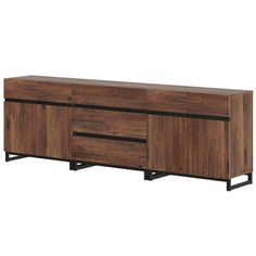 the sideboard is made out of wood and has black metal trimmings on it