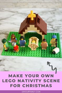 lego nativity scene with the words make your own lego nativity scene for christmas