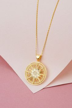 14k 18k 10k Gold Diamond Sun Medallion Necklace, You Are My Sunshine Necklace, Sunburst Necklace Celestial Jewelry, Valentines Day Gift  FEATURES• Solid Gold (real gold, not gold plated or gold filled material)• Gold Karat: 10K (417) - 14K (585) - 18K (750) (optional)• Pendant Diameter: 0.84 Inches (2.13 cm)• Available Gold Color: Yellow gold, rose gold and white gold (optional)• Diamond weight: Total .0.39 ct• Diamond color: G-H Color• Diamond clarity: SIOur gold necklaces are perfect choice fo Luxury Yellow Gold Necklaces For Anniversary, Sun Gold Necklace, Celestial 14k Gold Medallion Jewelry, Fantasy Jewelry Art, Sun Pendant Gold, Sun Medallion, Gold Sun Necklace, Jewelry Valentines Day, Sunburst Necklace