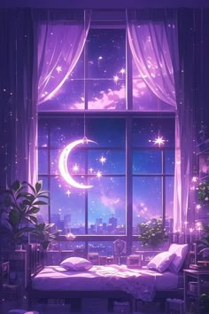 an image of a bedroom scene with the moon and stars in the window