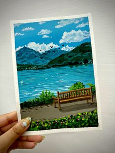 a painting of a bench in front of a lake with birds flying over the water