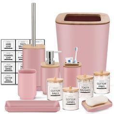 bathroom accessories including toothbrushes, soap dispenser, and pink container