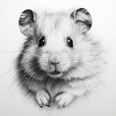 a black and white photo of a hamster looking at the camera with its eyes wide open