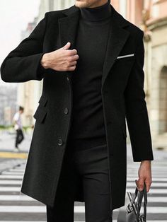 Abrigo de lana casual de negocios con cuello vuelto, botones y manga larga para hombre, sobretodo liso para el esposo Negro Trabajo  manga larga Tela Color combinado,Liso Normal No-Elástico  Men Clothing, size features are:Bust: ,Length: ,Sleeve Length: Winter Overcoat, Motorcycle Jacket Mens, Men's Windbreaker, Sheepskin Jacket, Mens Windbreaker, Men Plus Size, Retro Mode, England Fashion, Vintage Leather Jacket