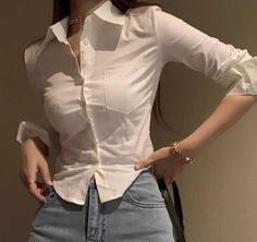 Korean Shirts, Slim Blouse, Y2k Casual, White Shirts Women, Streetwear Mode, Simple Blouse, Cropped Tops, Chiffon Shirt, Women Shirts Blouse