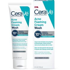 Developed with dermatologists, this lightly foaming, creamy face and body wash is formulated with maximum OTC strength 10% benzoyl peroxide to help clear face and body acne while leaving the skin soft and comfortable. This gentle, yet effective wash contains the highest concentration of benzoyl peroxide available without a prescription to treat acne without disrupting skin's protective barrier. The formula feels gentle on skin, and skin is left feeling comfortable, smooth and looking clarified. Benzoyl Peroxide Wash, Cerave Skincare, Acne Body Wash, How To Clear Pimples, Acne Face Wash, Acne Cleansers, Body Acne, Treat Acne, Acne Control