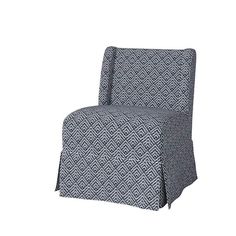 an upholstered chair with a blue and white pattern on the back, in front of a white background