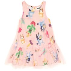 Get ready to play with Bluey and Bingo in this adorable Bluey tulle overlay dress! This pretty sleeveless ruffle hem dress features cute and vibrant artwork of your kid's favorite pups and a colorful all over print of fun balloons, playthings, and musical instruments. Made of a soft material that keeps your child comfortable, this fashionable Bluey tutu tank dress is the perfect outfit for all day adventure! Size: 2T.  Color: Pink.  Gender: female.  Age Group: infant. Blues Clues Birthday Dress Toddler Fall, Tulle Overlay Dress, Bluey And Bingo, Bluey Bingo, Girls Tulle Dress, Girls Tutu Dresses, Girls Casual Dresses, Vibrant Artwork, Overlay Dress