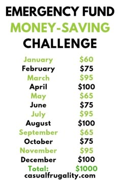 the emergency fund money - saving challenge is shown in green and black on a white background