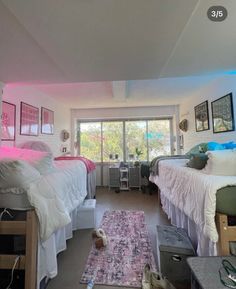 a bedroom with two beds and a pink rug on the floor in front of a window