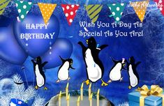 a birthday card with penguins and balloons