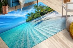 a beach scene with palm trees and blue water