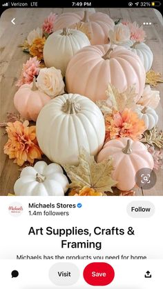 the instagram page for art supplies, crafts and framing shows pumpkins surrounded by flowers