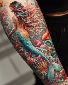 Seashell crowns and oceanic hues—because mermaids know how to accessorize. Mermaid And Dragon Tattoo, Mermaid Themed Tattoos, Sea Themed Leg Sleeve, Realistic Mermaid Tattoo, Mermaid Tattoos For Women, Mermaid Pinup Tattoo, Under Water Tattoo, Mermaid Tattoo Ideas For Women, Ocean Tattoos Sleeve For Women