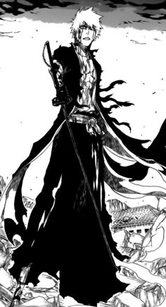 an anime character standing in front of a black and white background