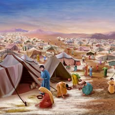 an artist's rendering of a camp site with tents and people in the background