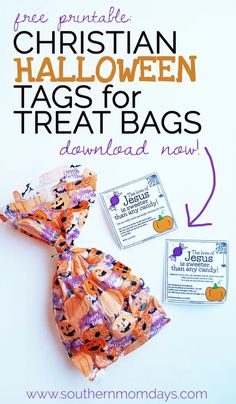 an orange and purple halloween treat bag with the text free printable, christian halloween tags for