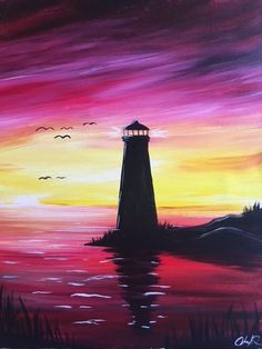 a painting of a lighthouse at sunset