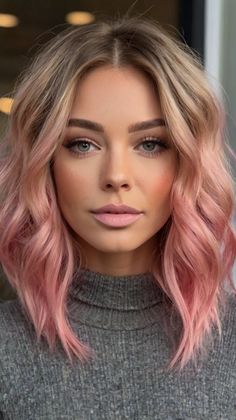 Best Transformations for Feathered Layers with Pale Pink Highlights - 51 Pink Hair Ideas: Natural... Pale Pink Highlights, Pink Balayage, Feathered Layers, Long Angled Bob, Framing Highlights