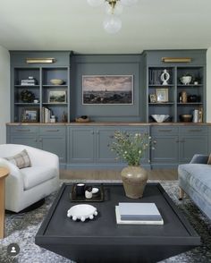 a living room with two couches and a coffee table in front of the bookshelves