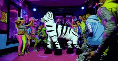 a group of people standing around a zebra in a room with neon lights on the ceiling