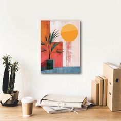 a painting on the wall above a desk with books and plants in front of it