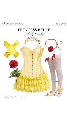 a yellow corset with red roses on the bottom and white stockings, high heel shoes