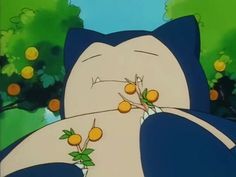 a cartoon cat with oranges on it's neck and eyes, sitting in front of trees