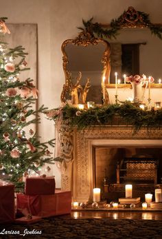 a decorated christmas tree in front of a fireplace