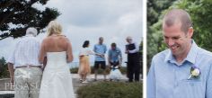 a man standing next to a woman in a white dress and another man wearing a blue shirt