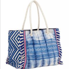 Brand New Size 14" W X 11" H 8" D 100% Cotton Imported Tie Dye Boho Tote Casual Blue Beach Bag With Removable Pouch, Blue Beach Bag With Removable Pouch, Blue Tote Beach Bag With Removable Pouch, Blue Beach Bag With Braided Handles, Blue Beach Bag With Removable Pouch For Everyday Use, Blue Beach Bag With Adjustable Strap And Double Handles, Blue Satchel Beach Bag For Travel, Blue Rectangular Beach Bag With Removable Pouch, Summer Blue Canvas Bag For Shopping