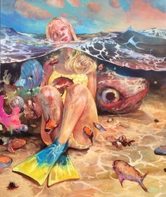 a painting of a woman sitting on the beach with fish and other sea creatures around her