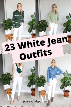 White jean outfit ideas for every season - winter, spring, summer, and fall! Ideas for how to wear white jeans or pants White Pantalon Outfit Winter, White Denim In Winter, Womens White Pants Outfits, White Jeans Dressy Outfits, Work Outfits Women White Pants, How To Dress White Pants, Outfits With White Pants Winter, How To Style White Jeans For Fall, White Jeans And Sneakers Outfit