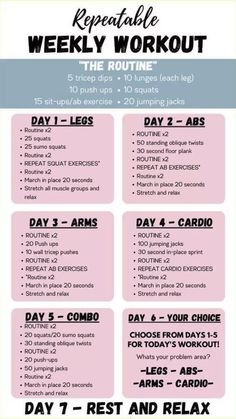 the workout plan is shown in pink and blue, with instructions on how to do it