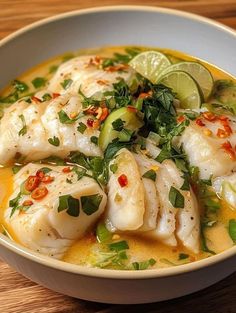 a white bowl filled with food and garnished with limes on the side