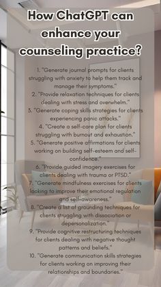 Pin Title: "10 Powerful ChatGPT Prompts for Mental Health Therapists" Pin Description: "Discover lesser-known yet highly effective ChatGPT prompts designed for mental health therapists. From coping skills strategies to relaxation techniques, these prompts will empower therapists to support their clients' mental well-being.  #mentalhealth #therapists #mentalwellness #copingstrategies #relaxationtechniques #mentalhealthsupport" Therapist Organization Ideas, Therapist Social Media Content, Calming Strategies For Adults, Self Care For Therapists, Clinical Mental Health Counseling, Child Therapist Aesthetic, Therapist Organization, Therapist Questions, Therapist Tips