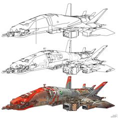 three different types of fighter jets are shown in this drawing technique, and each jet has its own unique engine compartment