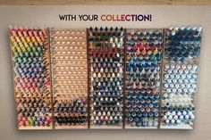 a display case filled with lots of different colored crayons and pencils next to a sign that says, with your collection