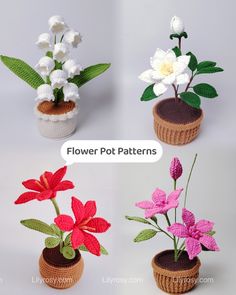 four crocheted flower pots with flowers in them and the words flower pot patterns written below