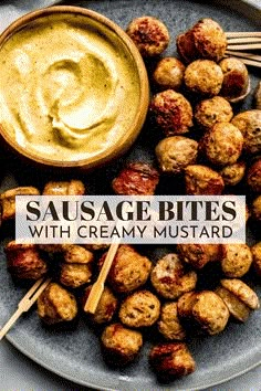 sausage bites with creamy mustard on a plate