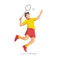 a man in red shorts and yellow shirt is jumping with a tennis racket over his head