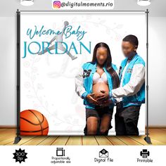 a man and woman standing next to each other in front of a sign with the words welcome baby jordan on it