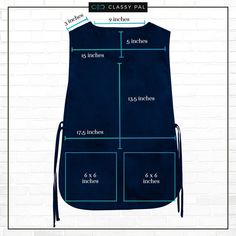 an apron is shown with measurements for the size and width of each item on it