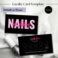 two business cards with pink ink on black and white paper, one is for nails