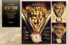 new year party flyer template with gold and black decorations, clock and fireworks on dark background