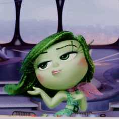 a cartoon character with green hair and big eyes