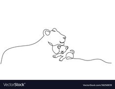 a lion and its cub are lying down on the ground in one continuous line drawing