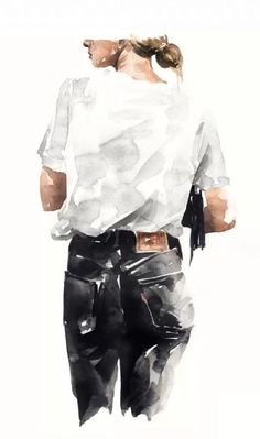 a watercolor painting of a woman in white shirt and black pants with her back to the camera